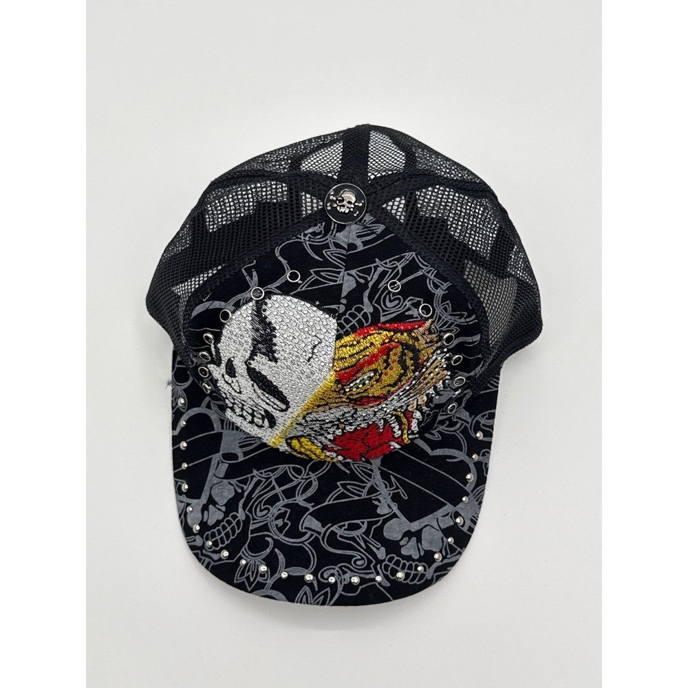 Skull Tiger Embroidered Trucker Hat Black Studded Mesh Snapback Cap Y2K Style
